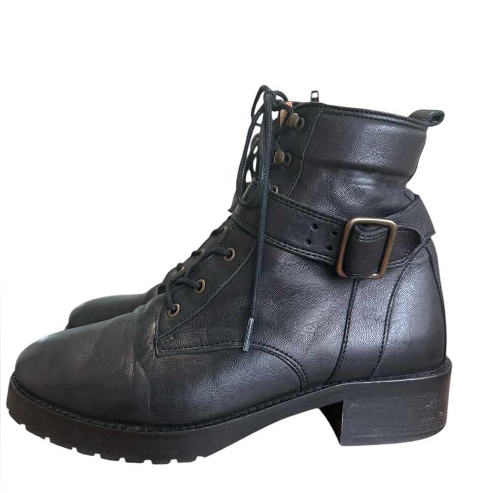 Sezane Black Leather Lace-Up Ankle Boots with Buckle